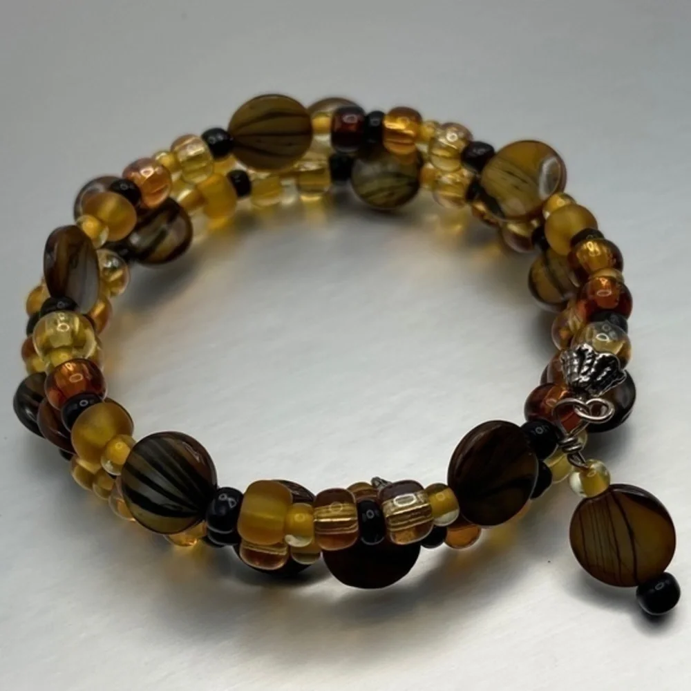 Memory‎ Wire Bracelet Gold Brown Black Beaded Wrap Around Boho Coil Bracelet